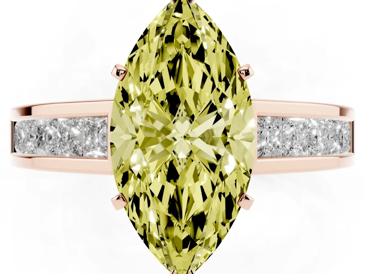 Fancy Yellow Marquise Cut Solitaire Diamond Ring with Channel-Set Band and Four-Prong Setting Rose gold