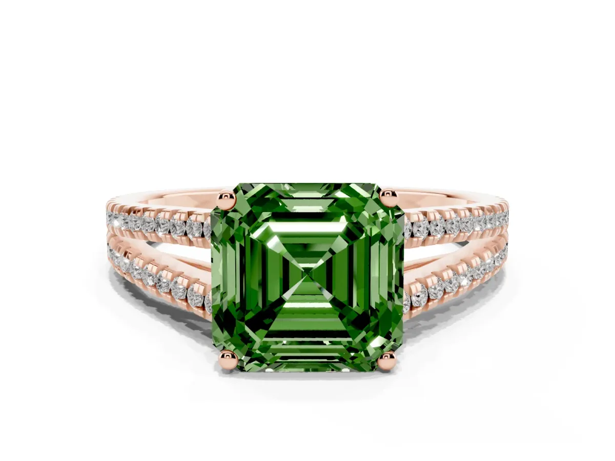 Fancy Green Asscher Cut Diamond Solitaire Engagement Ring with Split Shank Pavé Band Rose gold