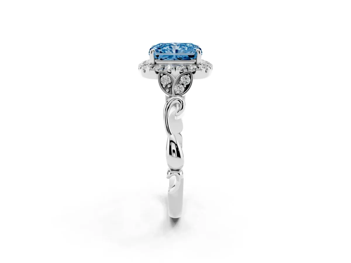 Fancy Blue Radiant Cut Halo Diamond Engagement Ring with Vintage-Inspired Band and Four-Prong Setting White gold