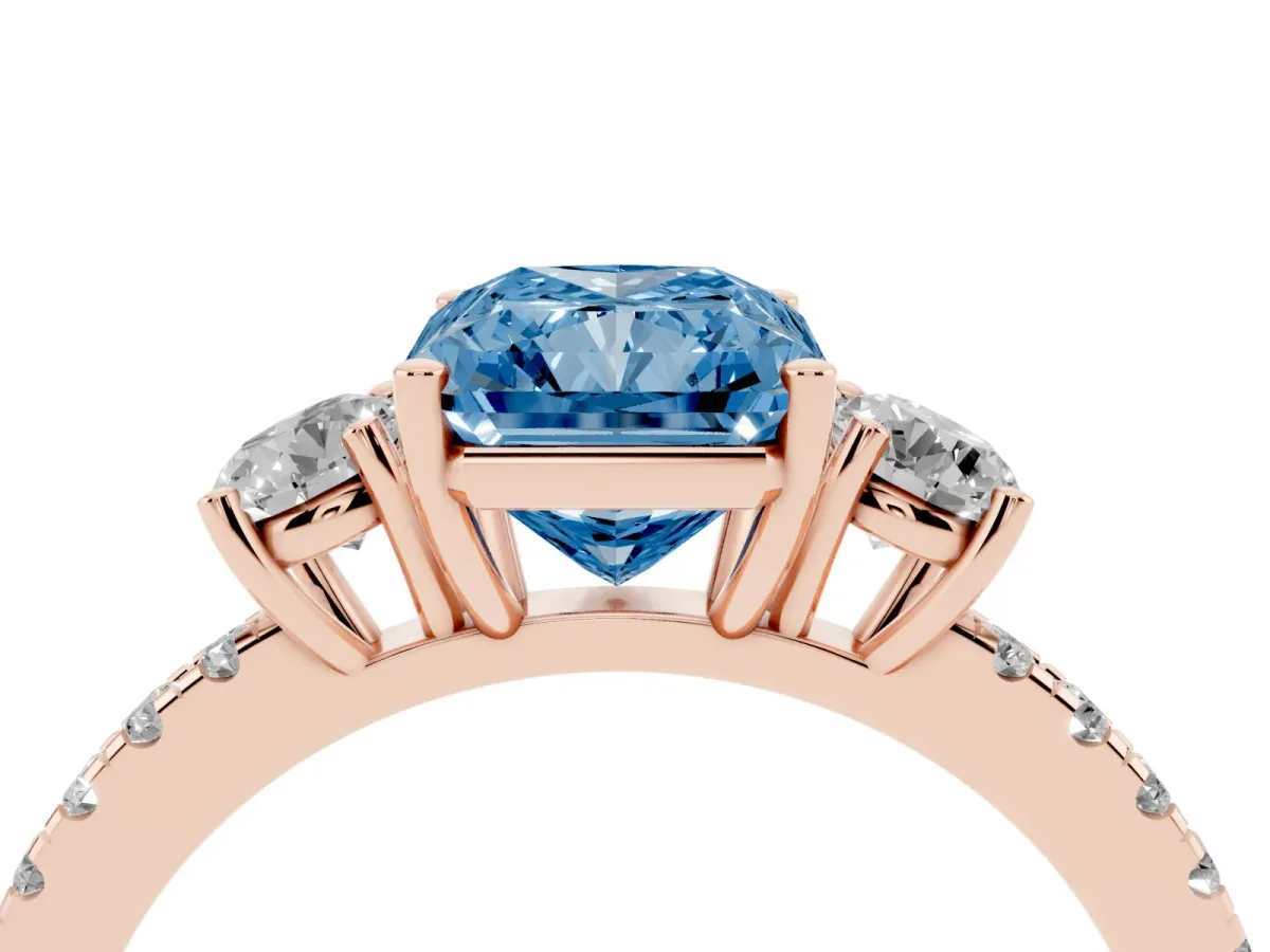 Fancy Blue Three-Stone Radiant Cut Cut Diamond Pavé Band with Prong Setting Rose gold