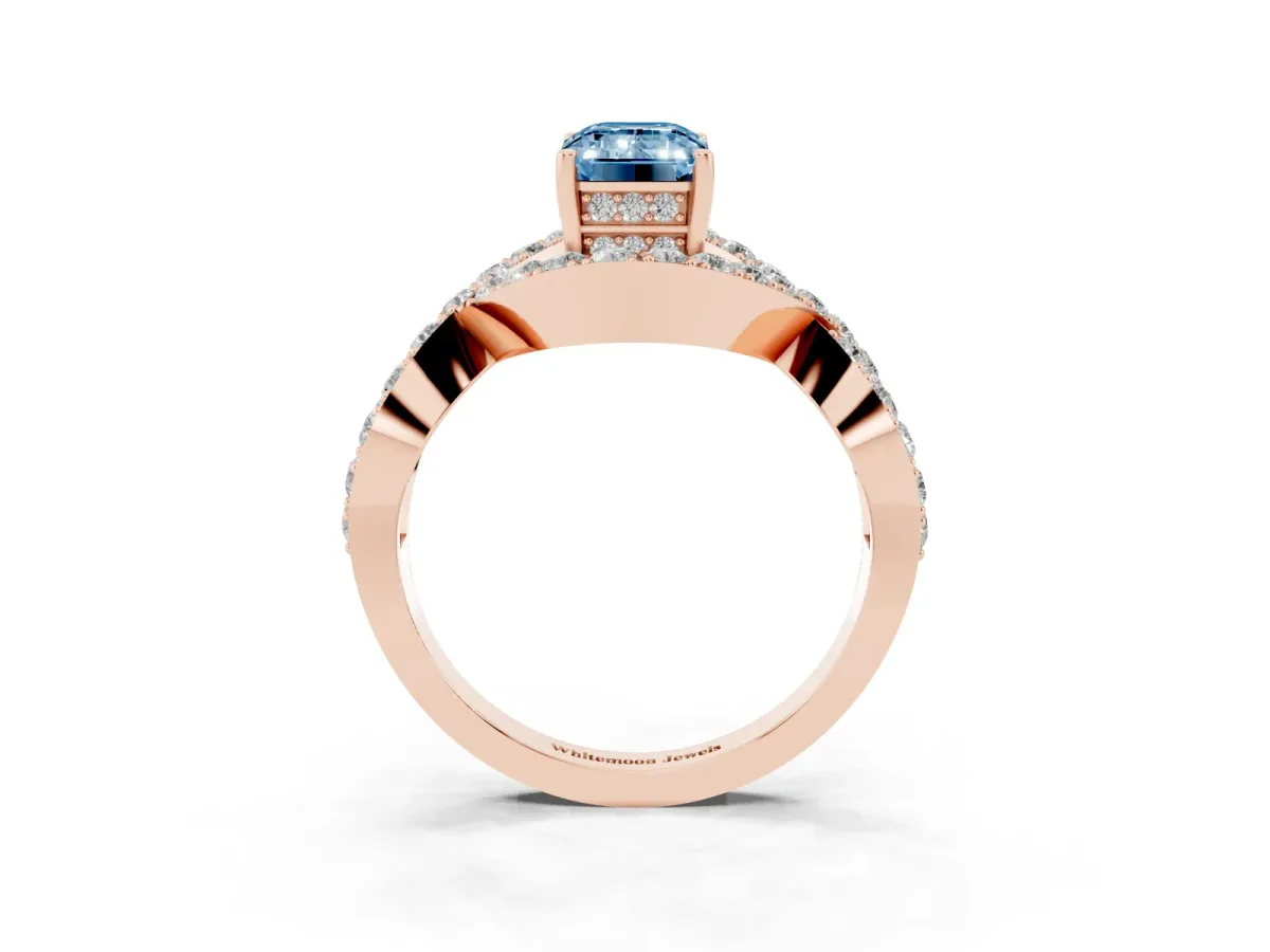 Fancy Blue Emerald Cut Solitaire Twist Band Pavé Diamond Engagement Ring Rose gold