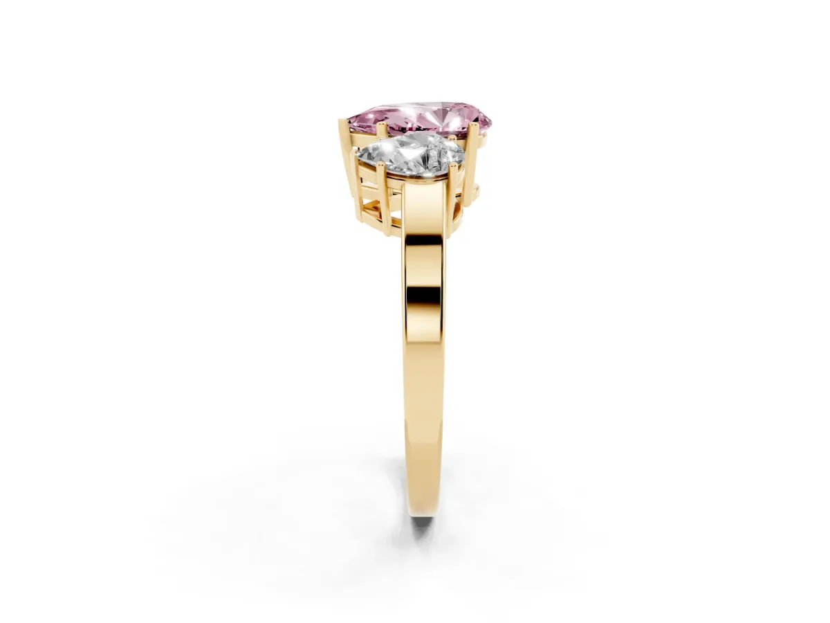 Fancy Pink Three-Stone Pear Cut Cut Diamond Engagement Ring with Flat Band and Four-Prong Setting Yellow gold
