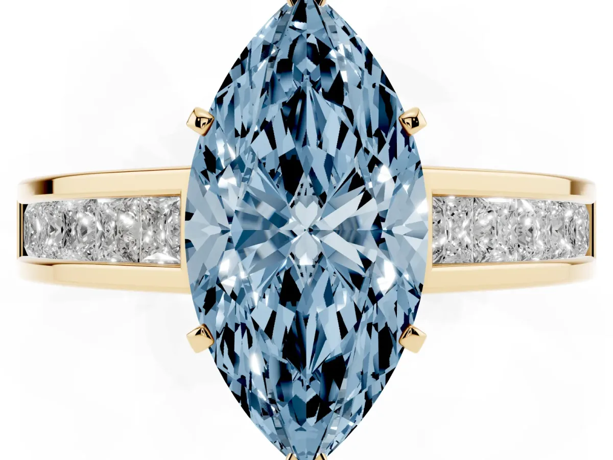 Fancy Blue Marquise Cut Solitaire Diamond Ring with Channel-Set Band and Four-Prong Setting Yellow gold