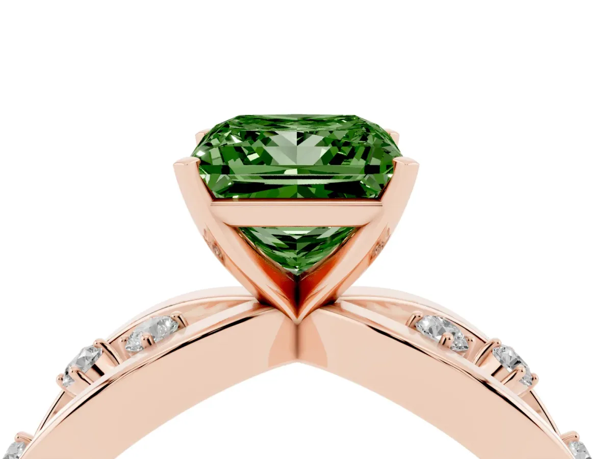 Fancy Green Princess Cut Cut Solitaire Diamond with Side Stones on Criss-Cross Band and Four-Prong Setting Rose gold