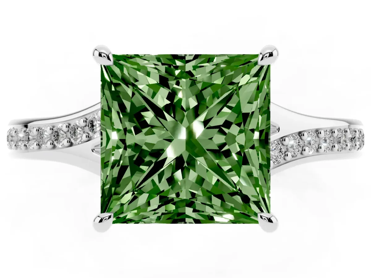 Fancy Green Princess Cut Diamond Solitaire Ring with Pavé Band and Prong Setting Silver