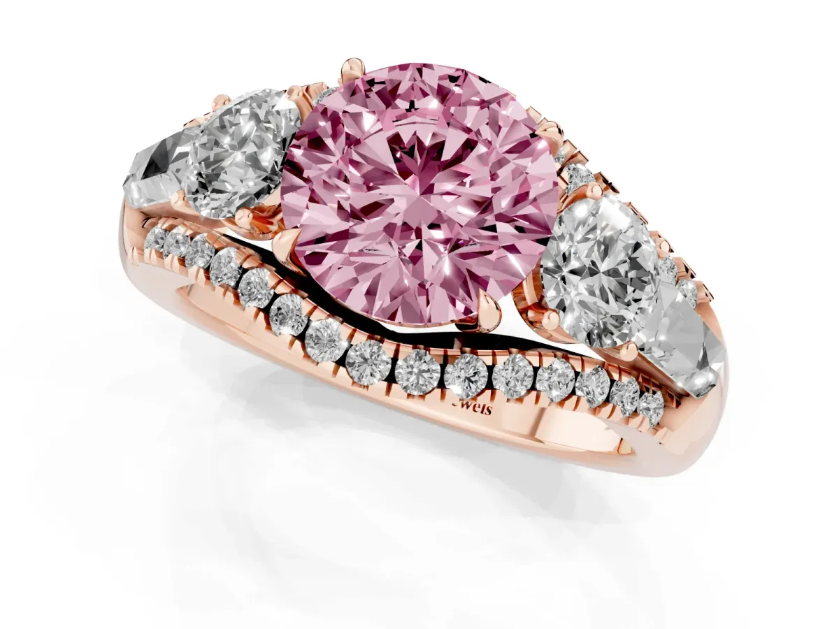 Fancy Pink Three-Stone Round Cut Diamond Engagement Ring with Pave Band and Prong Setting Rose gold