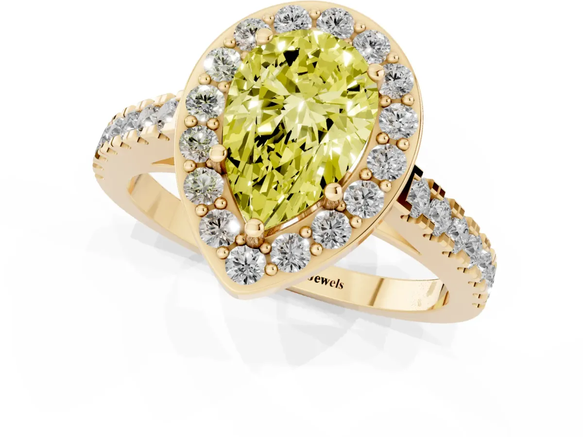 Fancy Yellow Pear Cut Diamond Halo Ring with Round Pavé Split Shank and Prong Setting Yellow gold
