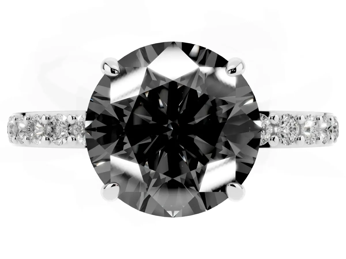 Fancy Black Round Cut Diamond Pavé Engagement Ring with Round Accents and Prong Setting Silver