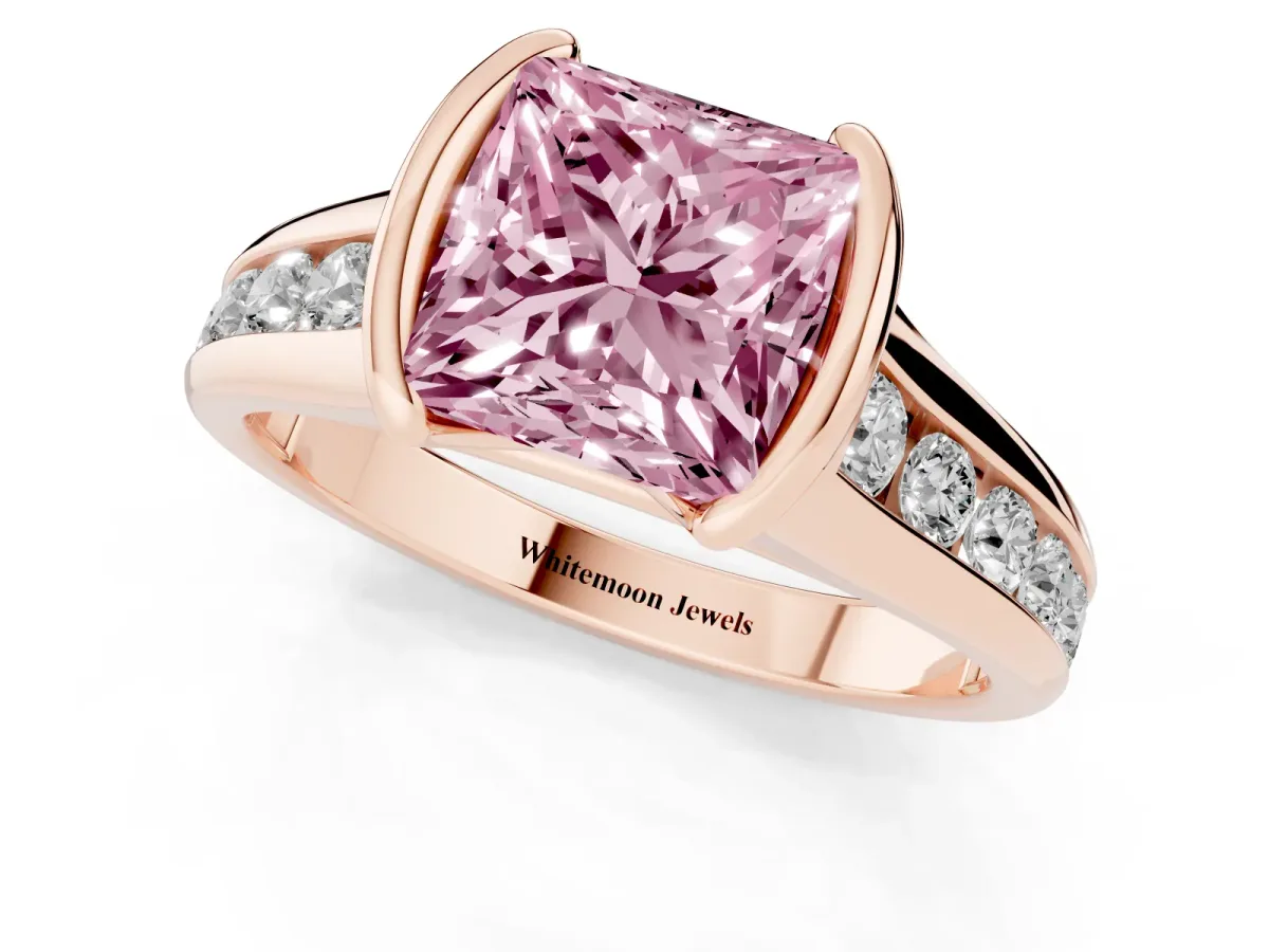 Fancy Pink Princess Cut Solitaire Bezel-Set Diamond Ring with Channel-Set Band Rose gold