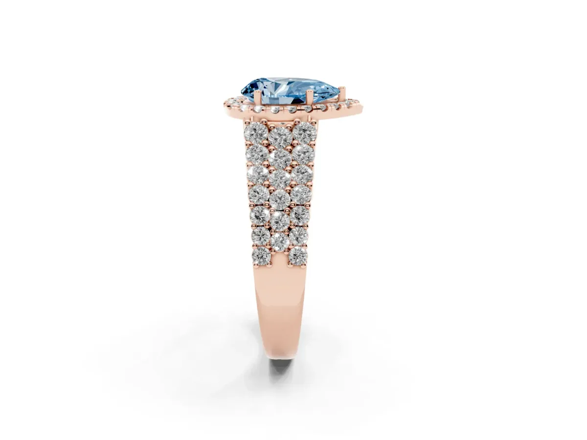 Fancy Blue Pear Cut Diamond Halo Engagement Ring with Triple Row Round Pavé Band and Prong Setting Rose gold