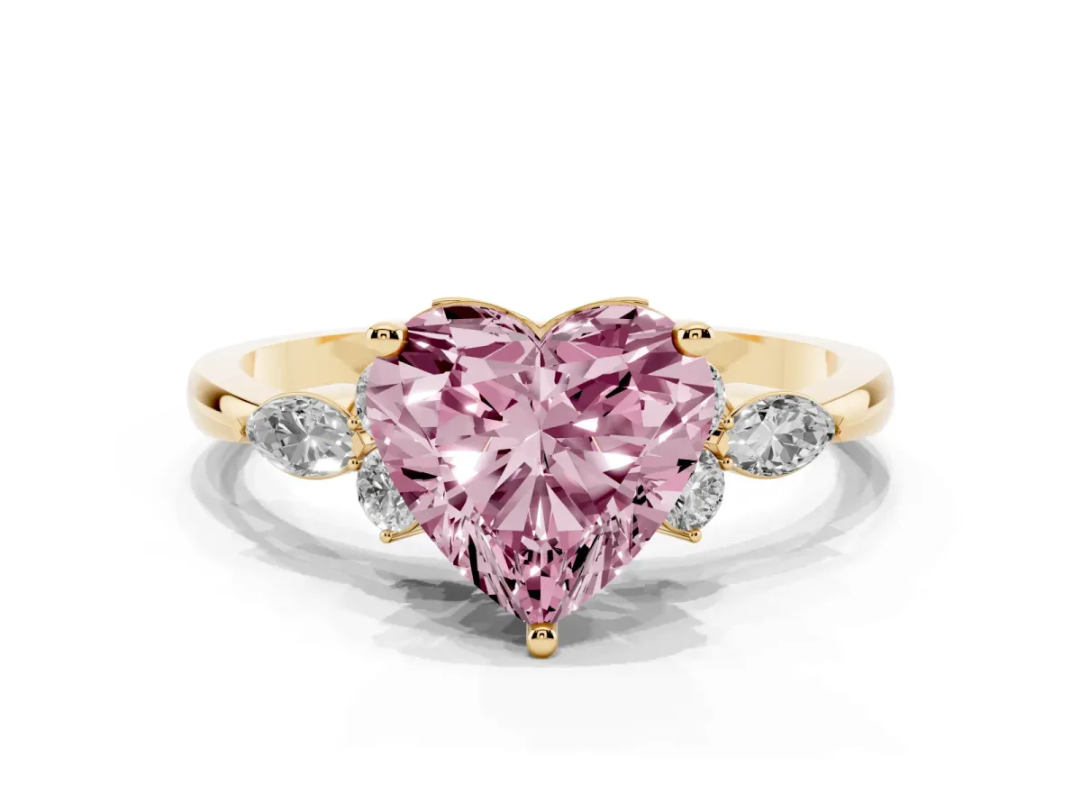Fancy Pink Heart Cut Brilliant Diamond Solitaire Ring with Pear Side Stones and Four-Prong Setting Yellow gold