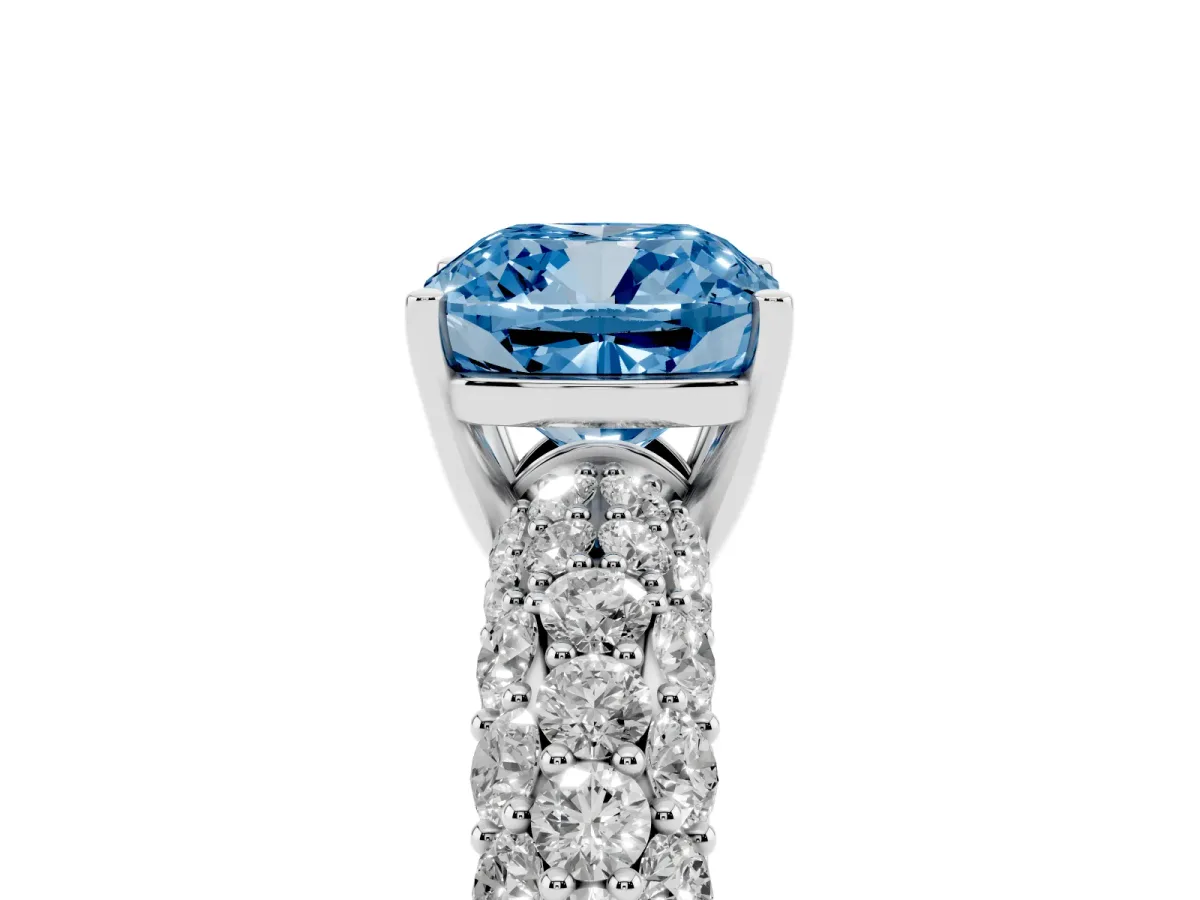 Fancy Blue Cushion Cut Diamond Pavé Band Solitaire Ring with Four-Prong Setting White gold