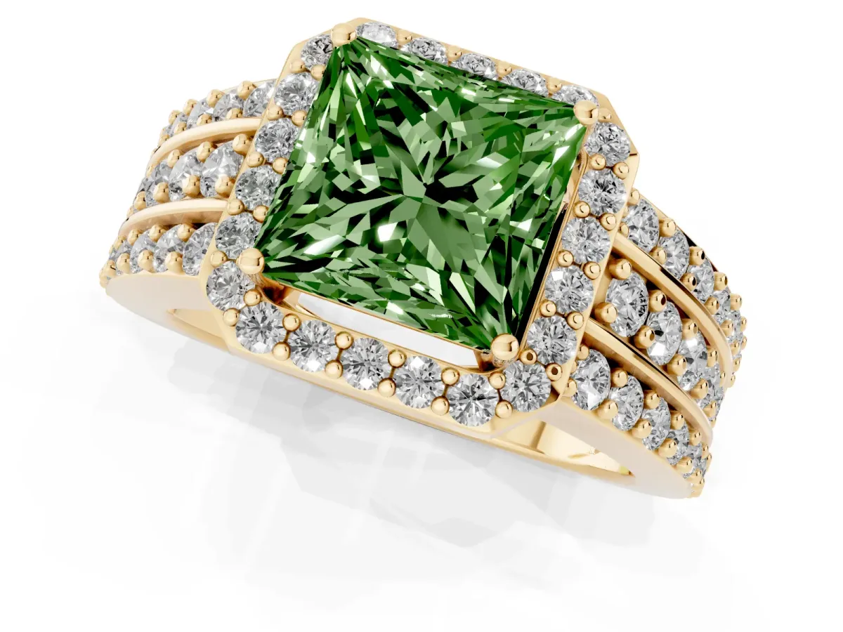 Fancy Green Princess Cut Halo Diamond Ring with Round Split Shank and Prong Setting Yellow gold