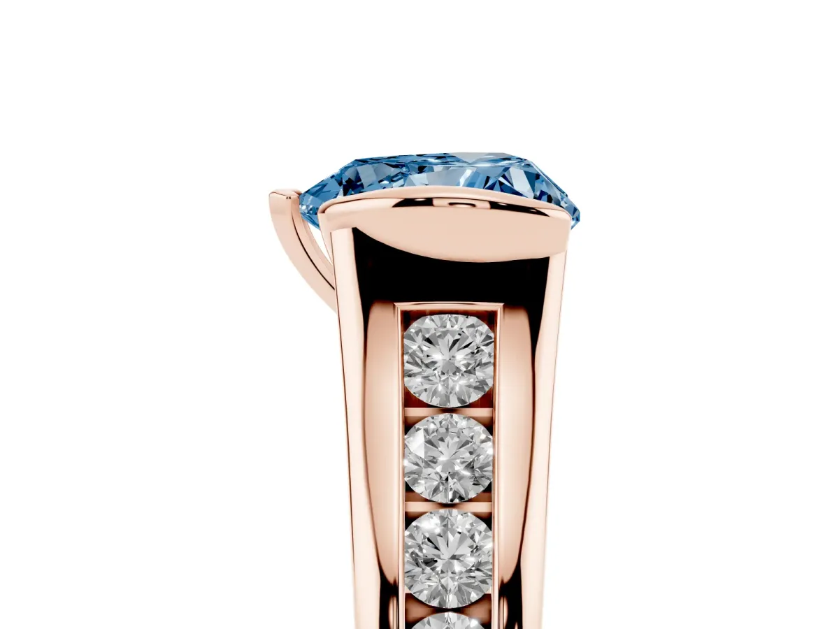 Fancy Blue Heart Cut Solitaire Bezel-Set Diamond Ring with Channel-Set Band Rose gold
