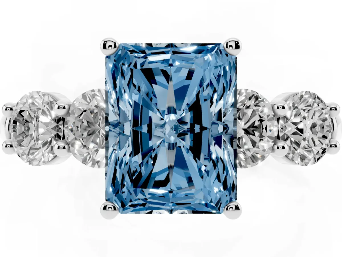 Fancy Blue Radiant Cut Cut Five-Stone Prong Set Diamond Ring with Classic Band Silver