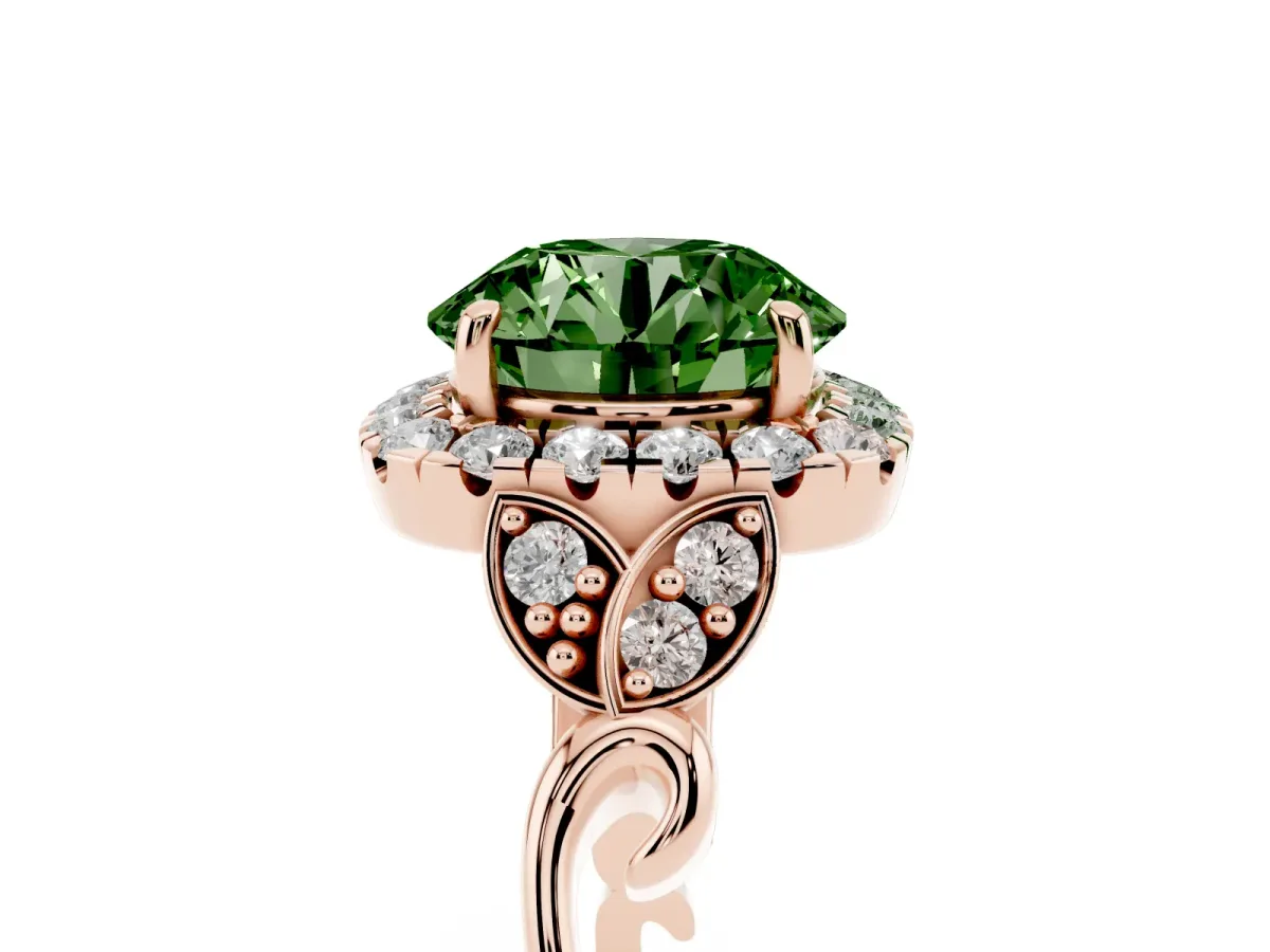 Fancy Green Round Cut Halo Diamond Engagement Ring with Vintage-Inspired Band and Four-Prong Setting Rose gold