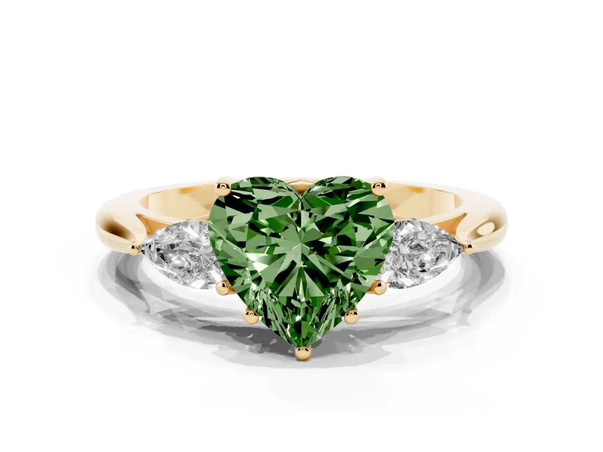 Fancy Green Heart Cut Diamond Three-Stone Ring with Pear Side Stones and Prong Setting Yellow gold