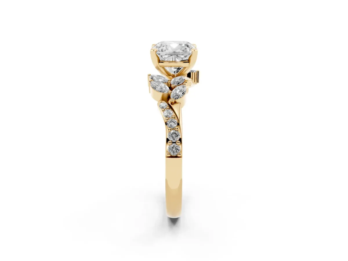 Cushion Cut Solitaire Marquise Twist Band with Six-Prong Setting Yellow gold