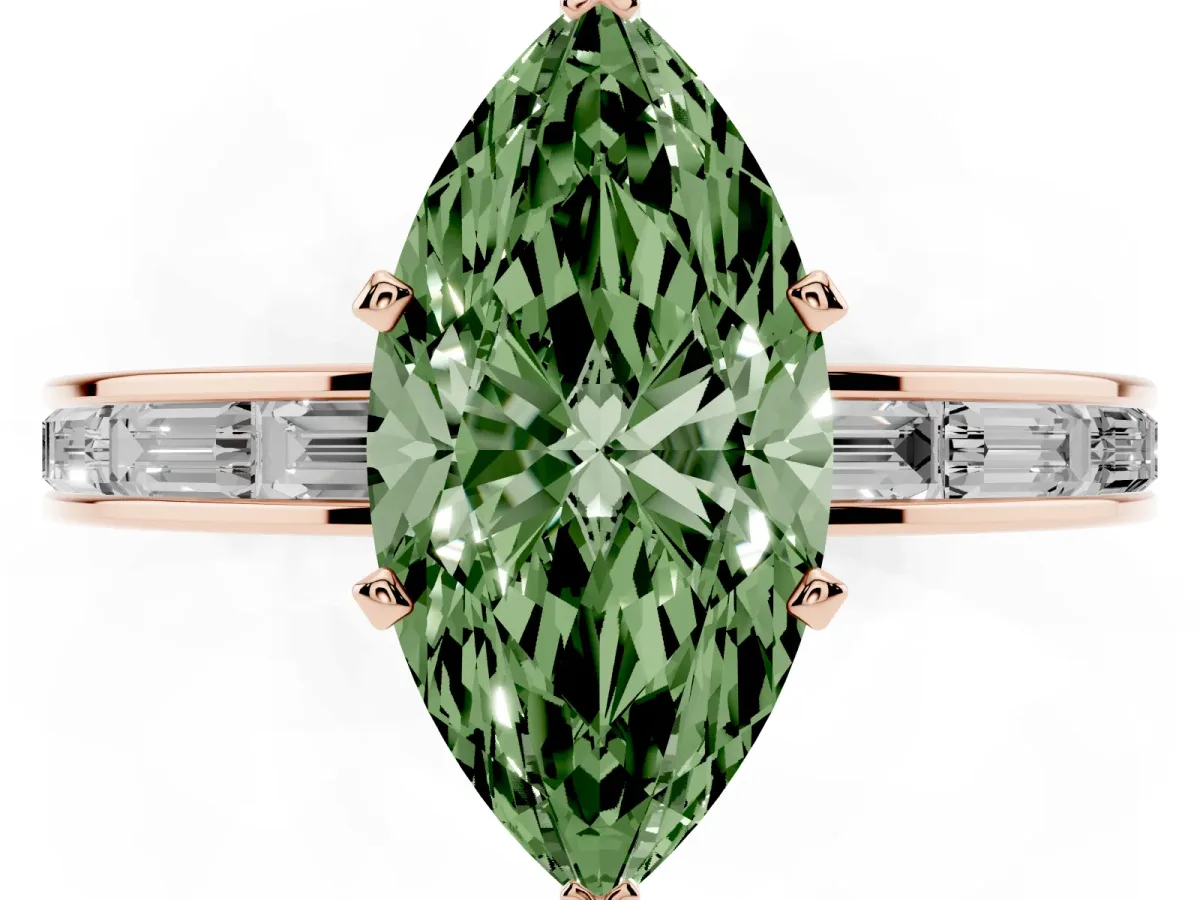 Fancy Green Marquise Cut Solitaire Diamond Ring with Channel-Set Baguette Band and Four-Prong Setting Rose gold