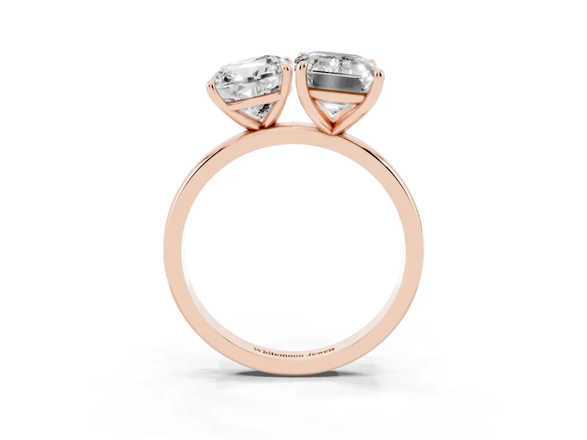 Cushion Cut and Emerald Cut Toi Moi Ring with Prong Setting Rose gold