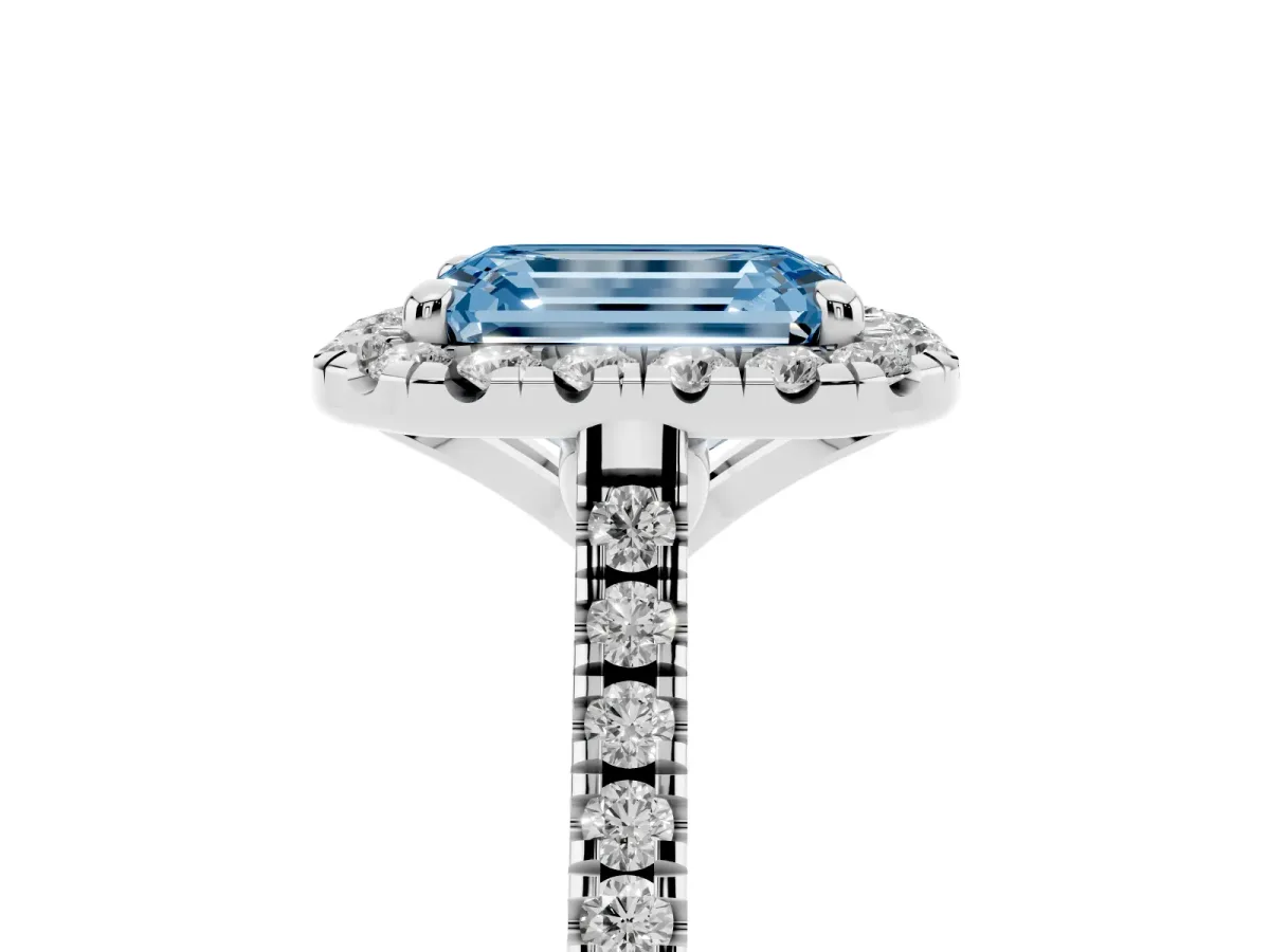 Fancy Blue Emerald Cut Diamond Cushion Halo Ring with Pavé Band Silver