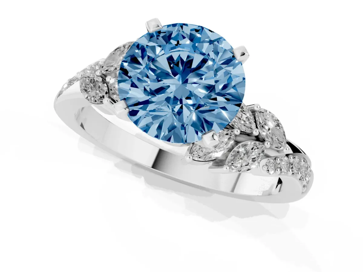 Fancy Blue Round Cut Solitaire Marquise Twist Band with Six-Prong Setting Silver