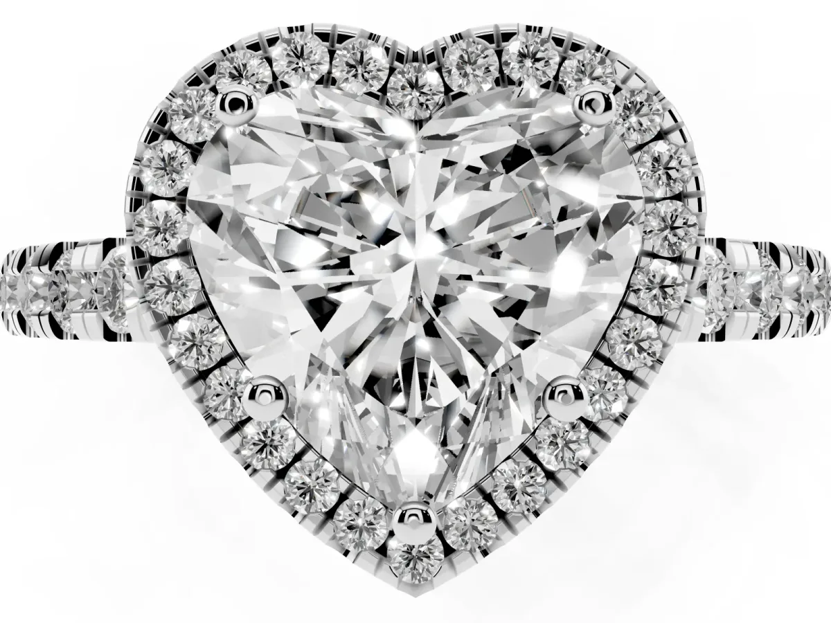 Heart Cut Diamond Halo Ring with Pavé Band and Four-Prong Setting White gold