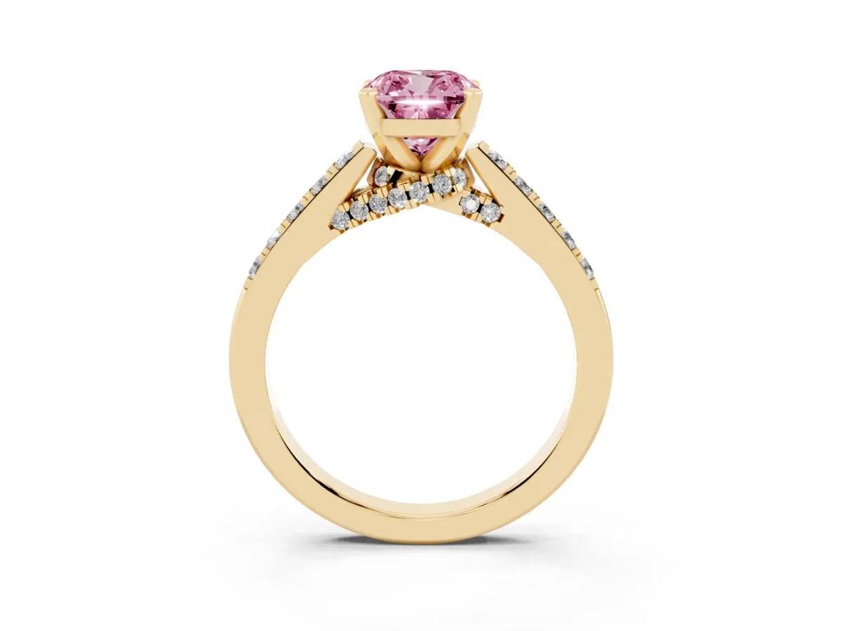 Fancy Pink Cushion Cut Diamond Solitaire Ring with Crossover Gallery and Round Pavé Band Yellow gold
