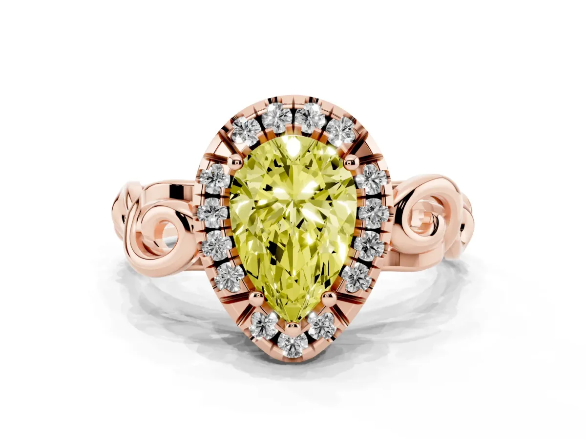 Fancy Yellow Pear Cut Cut Halo Diamond Ring with Scrollwork Band and Four-Prong Setting Rose gold