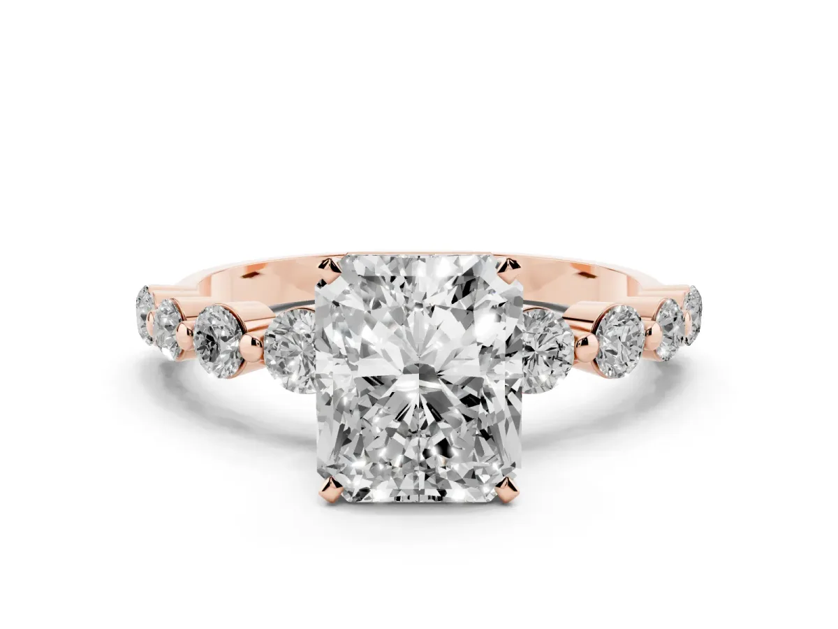 Radiant Cut Solitaire Diamond Ring with Pave Band and Four-Prong Setting Rose gold