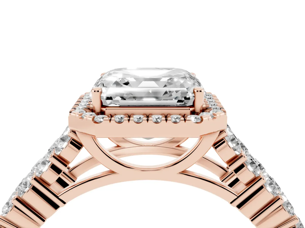 Asscher Cut Diamond Halo Engagement Ring with Triple Row Round Pavé Band and Prong Setting Rose gold