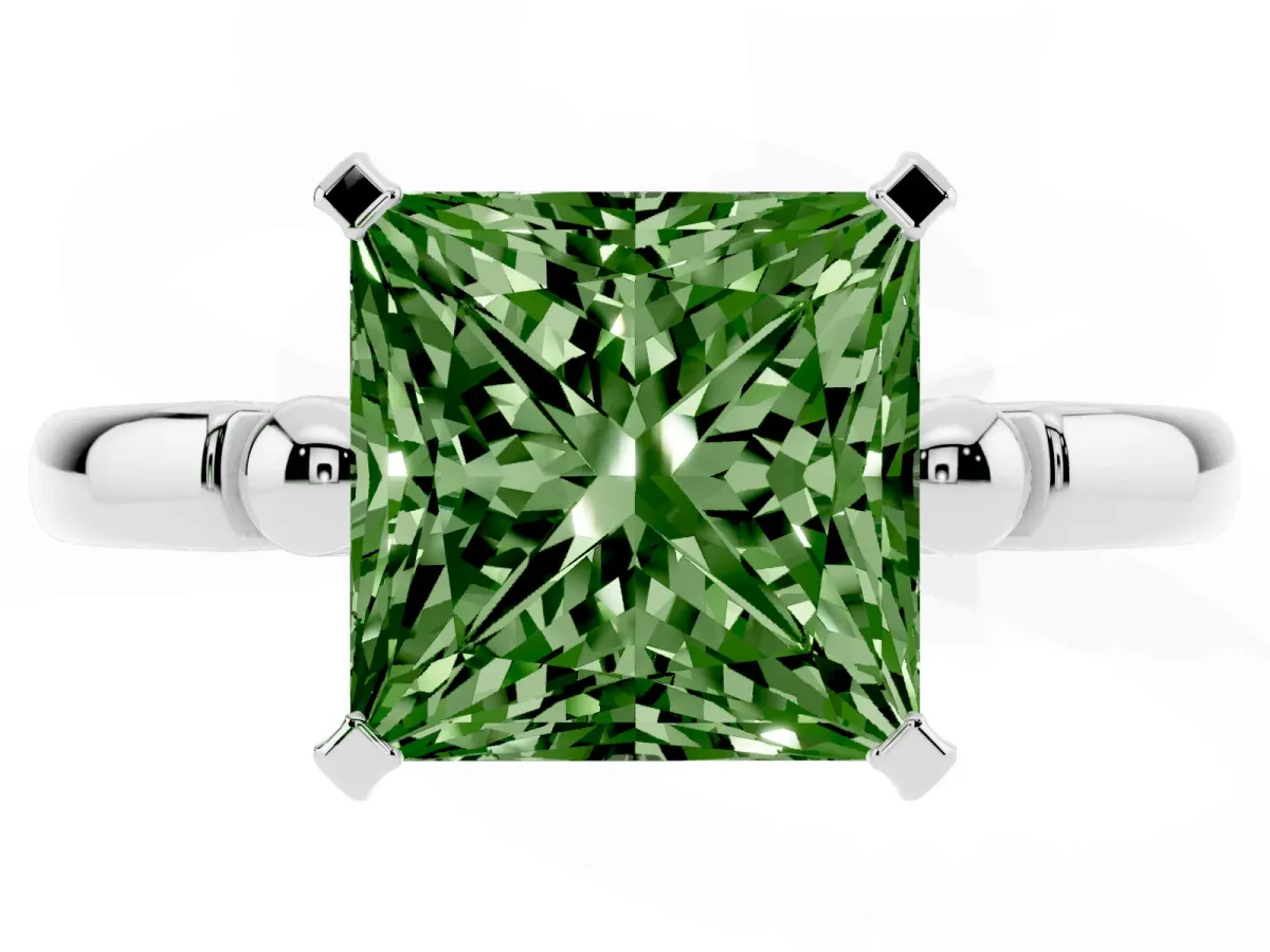 Fancy Green Princess Cut Solitaire Beaded Band with Four-Prong Setting Silver