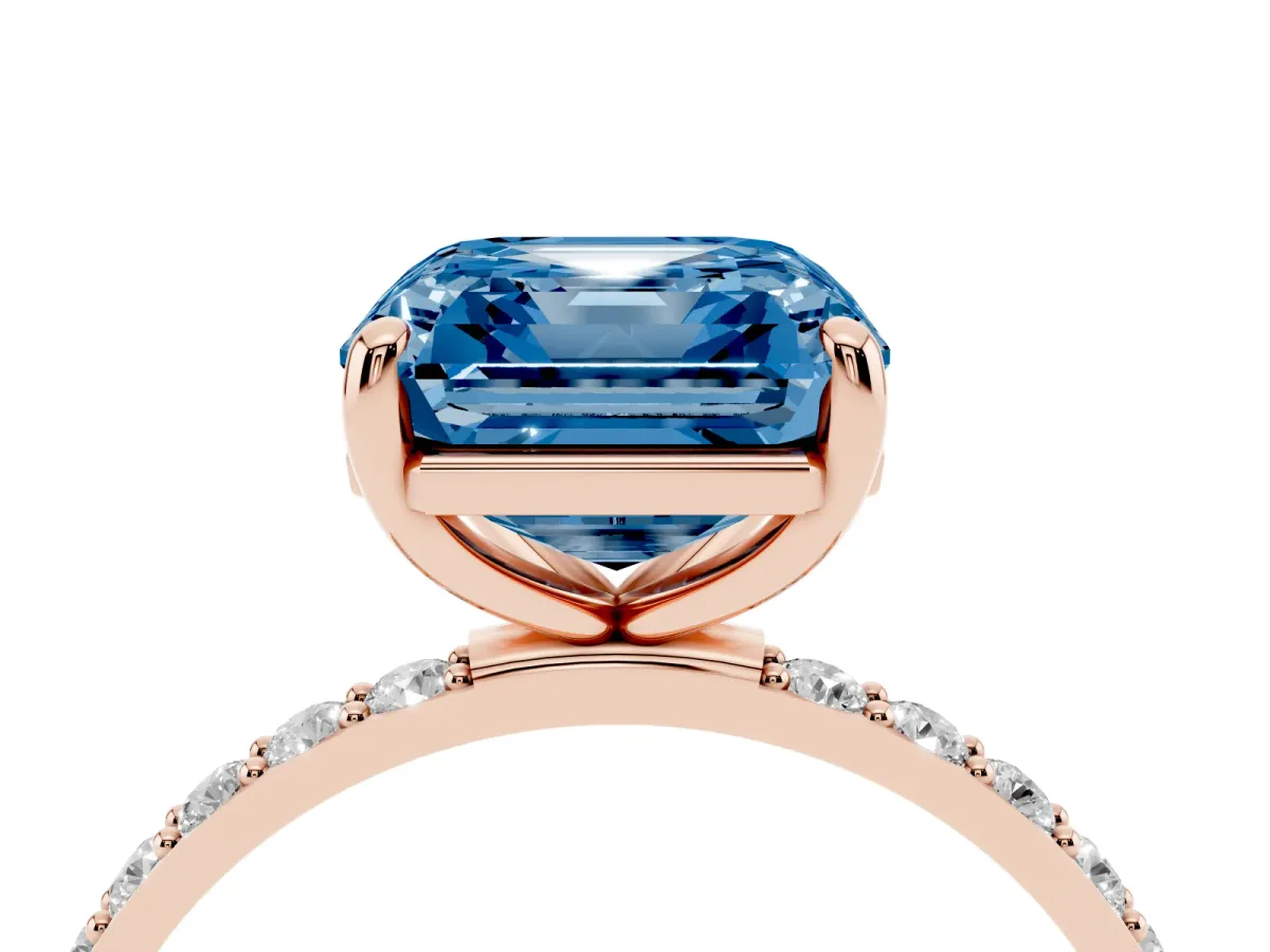 Fancy Blue Asscher Cut Diamond Solitaire Ring with Round Pavé Band and Prong Setting Rose gold