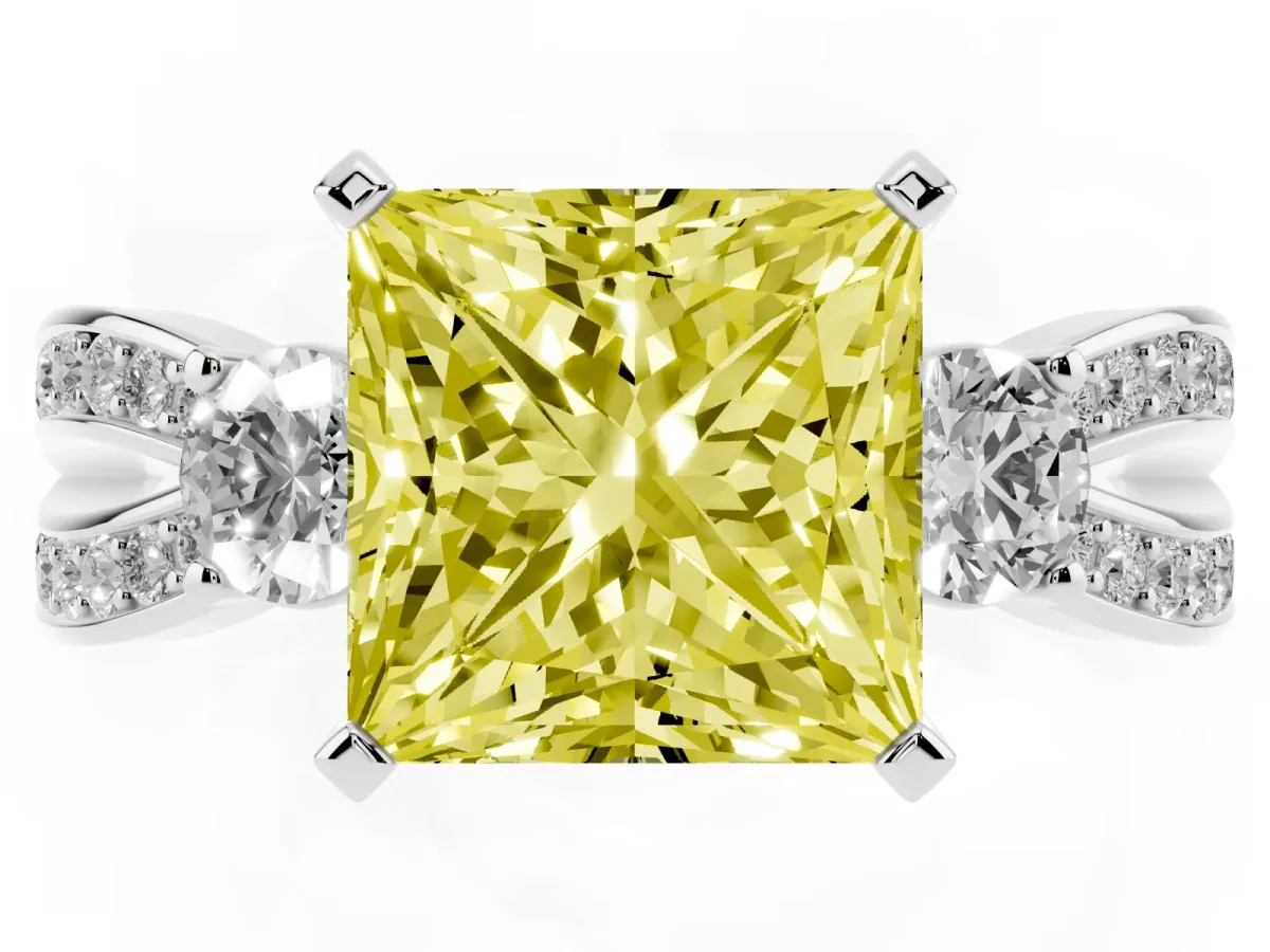 Fancy Yellow Three-Stone Princess Cut Cut Diamond Twist Band with Prong Setting Silver