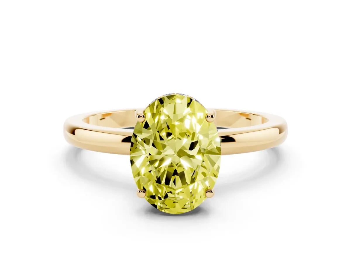 Fancy Yellow Oval Cut Solitaire Diamond Ring with Prong Setting and Plain Band Yellow gold
