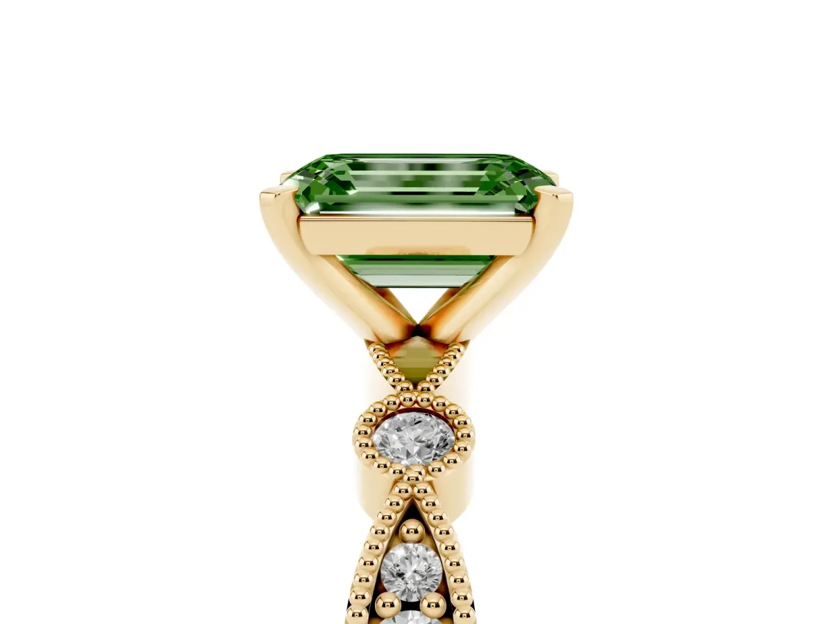 Fancy Green Emerald Cut Milgrain Bezel Diamond Engagement Ring with Solitaire Prong Setting Yellow gold