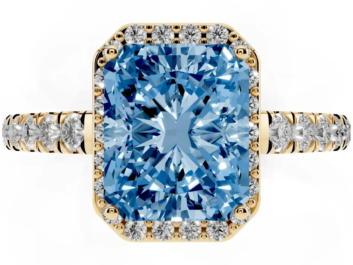 Fancy Blue Radiant Cut Cut Halo Diamond Engagement Ring with Pave Band and Four-Prong Setting Yellow gold