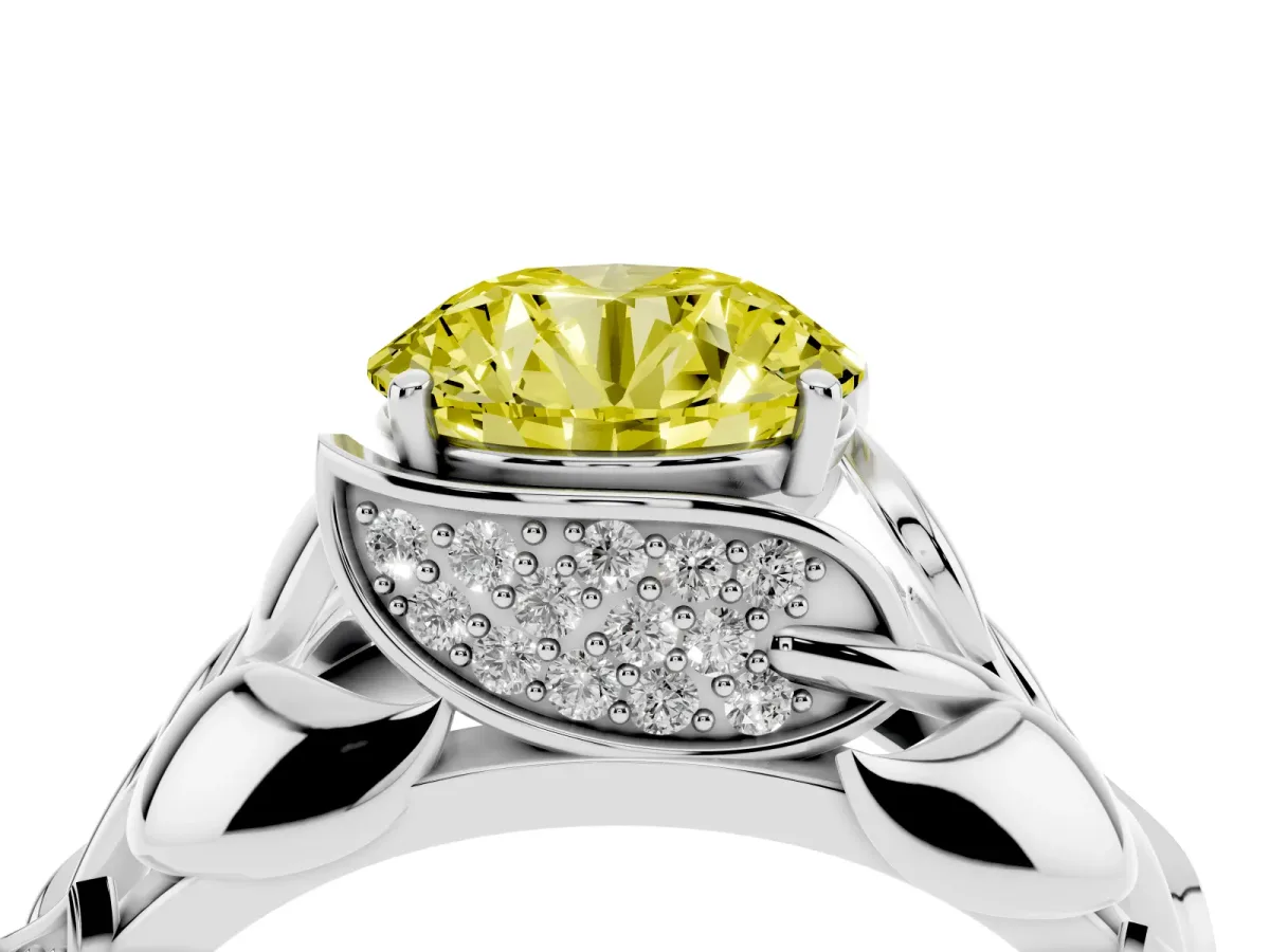 Fancy Yellow Round Cut Diamond Leaf-Inspired Engagement Ring with Round Accents and Prong Setting Platinum