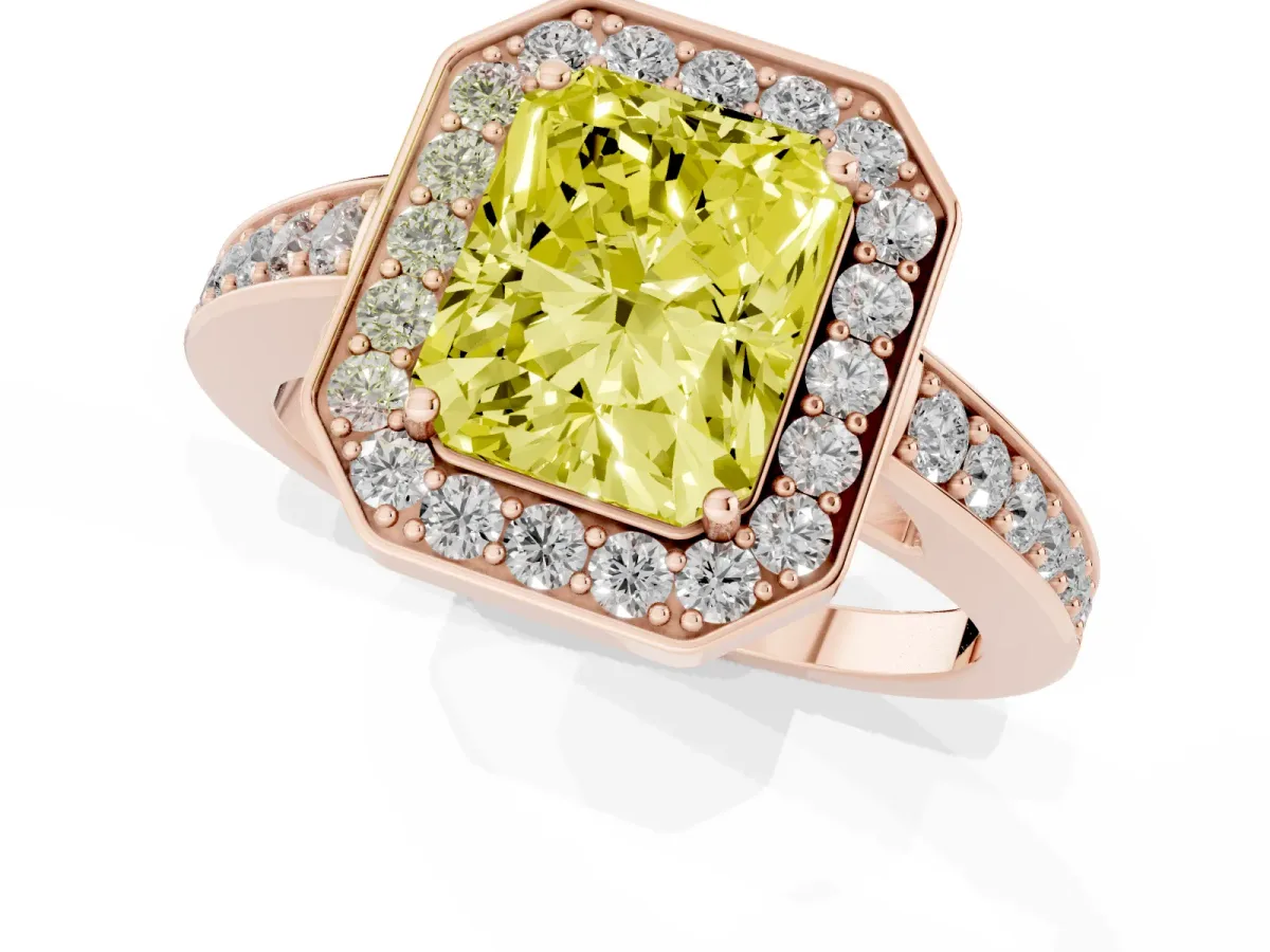 Fancy Yellow Radiant Cut Halo Pavé Diamond Engagement Ring with Bezel Setting Rose gold