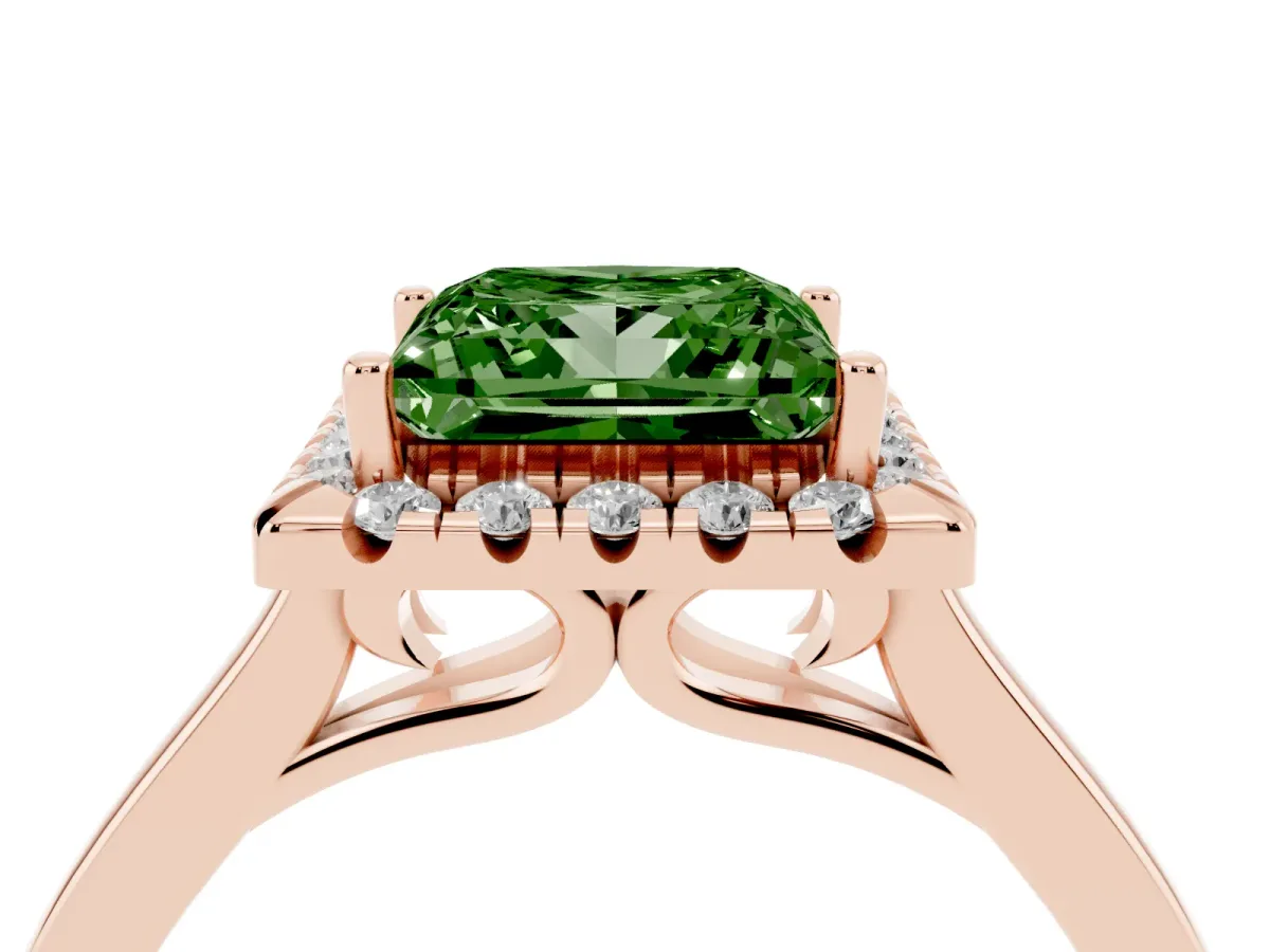 Fancy Green Princess Cut Halo Round Diamond Solitaire Ring with Pavé Band and Four-Prong Setting Rose gold