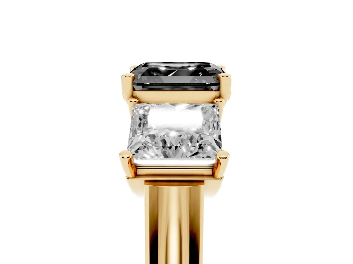 Fancy Black Three-Stone Asscher Cut Brilliant Diamond Trellis Ring with Comfort Fit Band Yellow gold