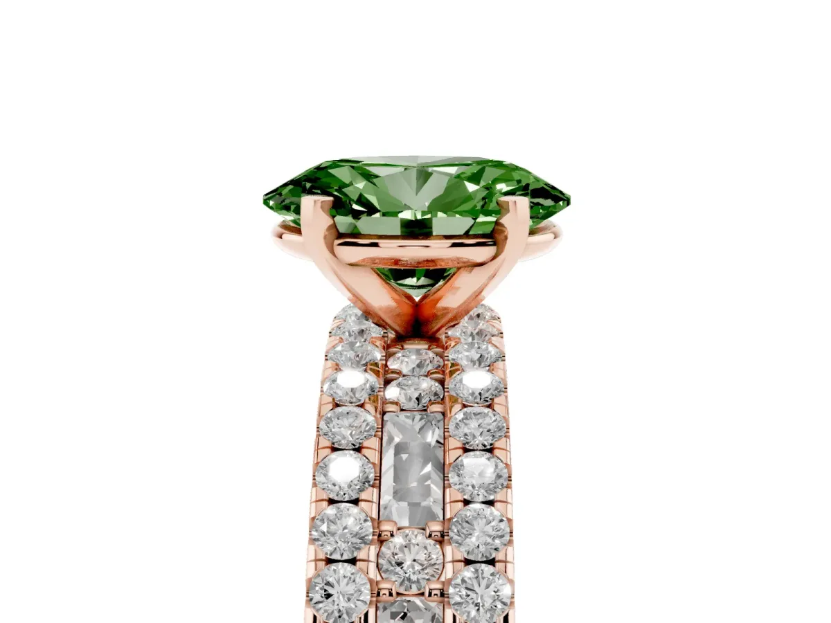 Fancy Green Oval Cut Diamond Solitaire Ring with Pavé and Channel Set Band Rose gold