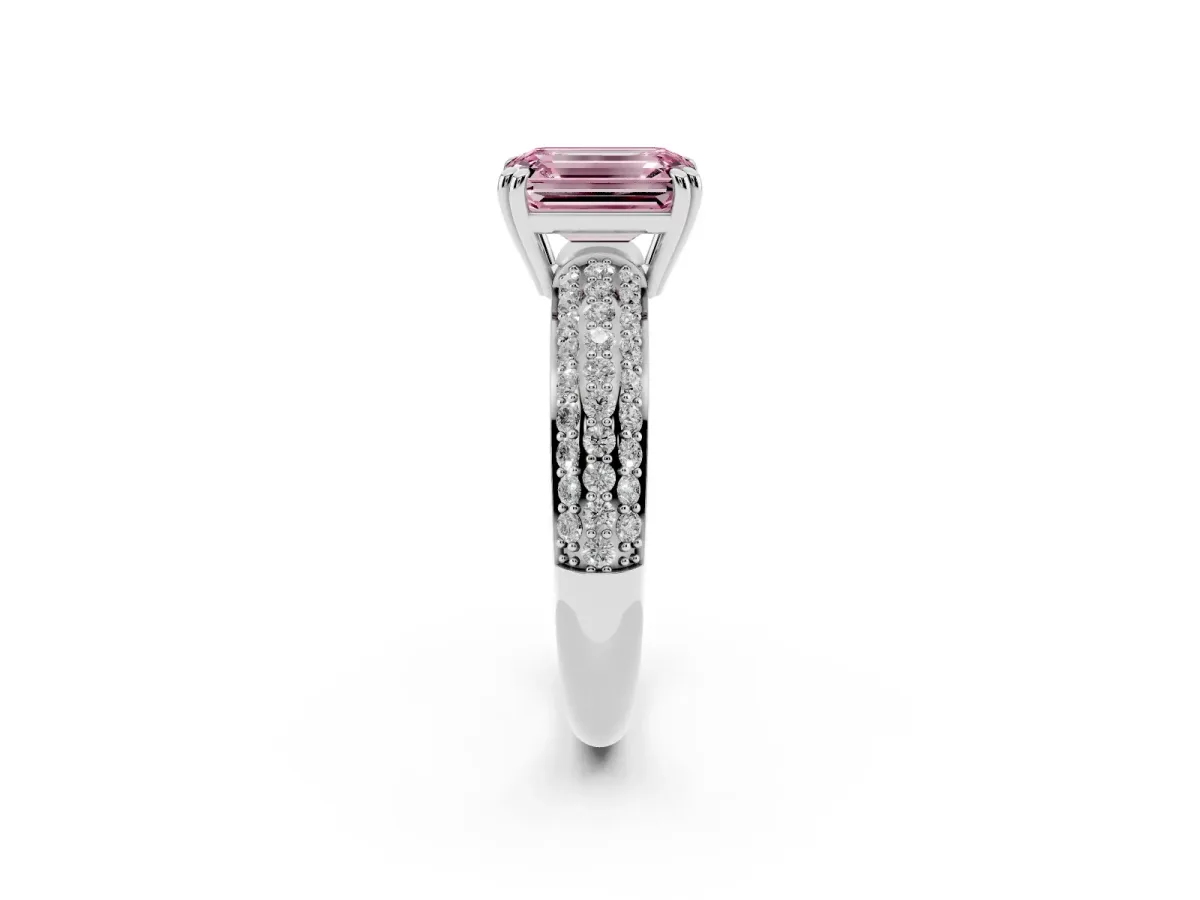 Fancy Pink Emerald Cut Diamond Solitaire Ring with Multi-Row Round Pavé Band and Prong Setting Silver