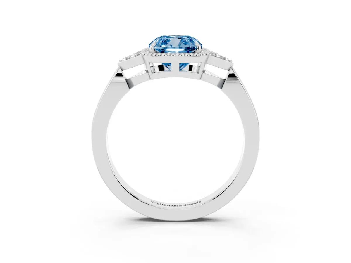 Fancy Blue Cushion Cut Diamond Halo Ring with Tapered Band and Four-Prong Setting White gold