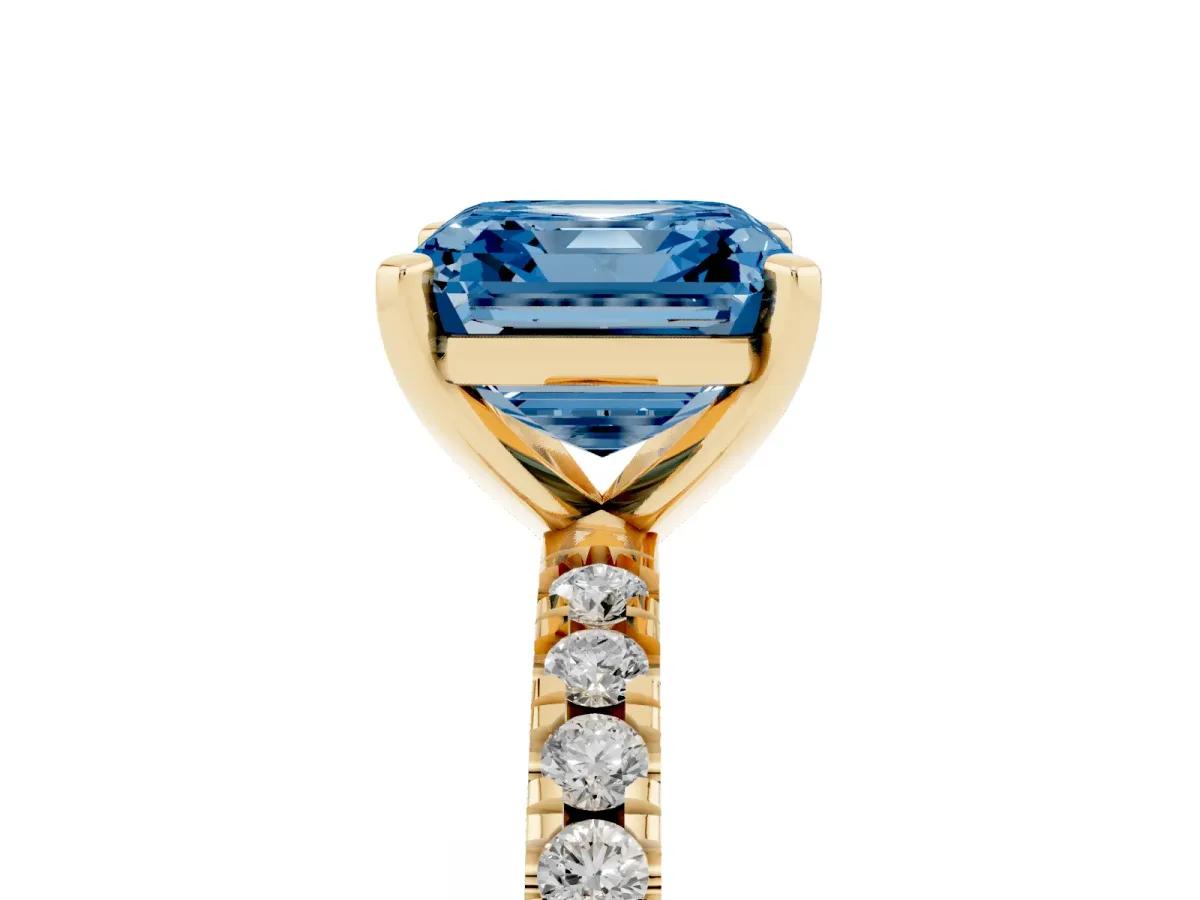 Fancy Blue Asscher Cut Diamond Pavé Band Solitaire with Four-Prong Setting Yellow gold