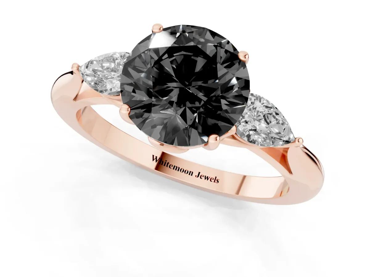 Fancy Black Round Cut Diamond Three-Stone Ring with Pear Side Stones and Prong Setting Rose gold