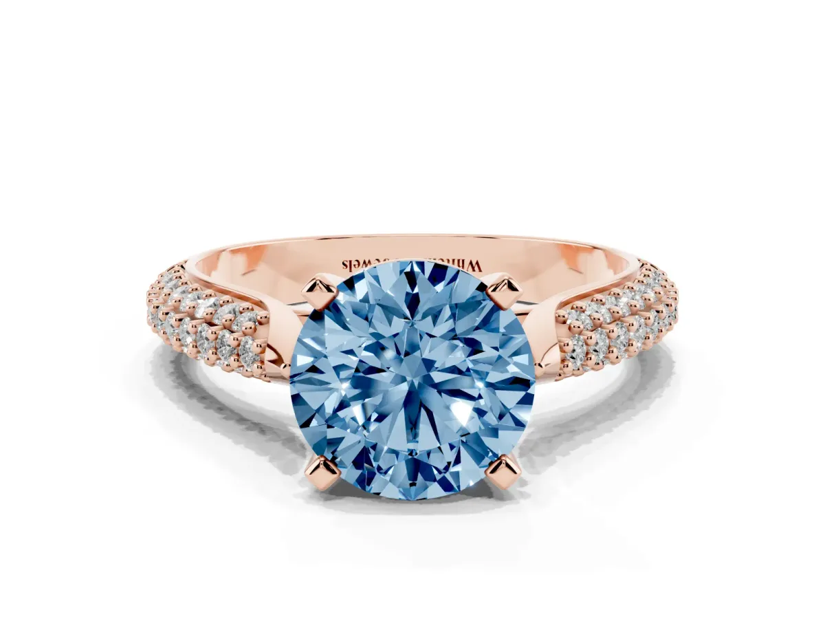 Fancy Blue Round Cut Diamond Solitaire Engagement Ring with Multi-Row Round Pavé Band and Prong Setting Rose gold