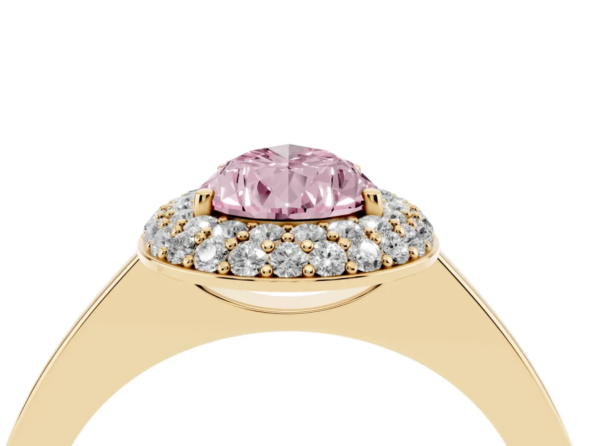 Fancy Pink Pear Cut Halo Diamond Engagement Ring with Solitaire Band and Four-Prong Setting Yellow gold