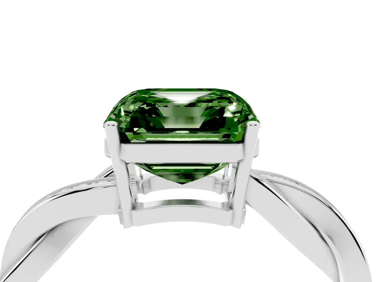 Fancy Green Asscher Cut Solitaire Twisted Pave Diamond Ring with Four-Prong Setting Silver