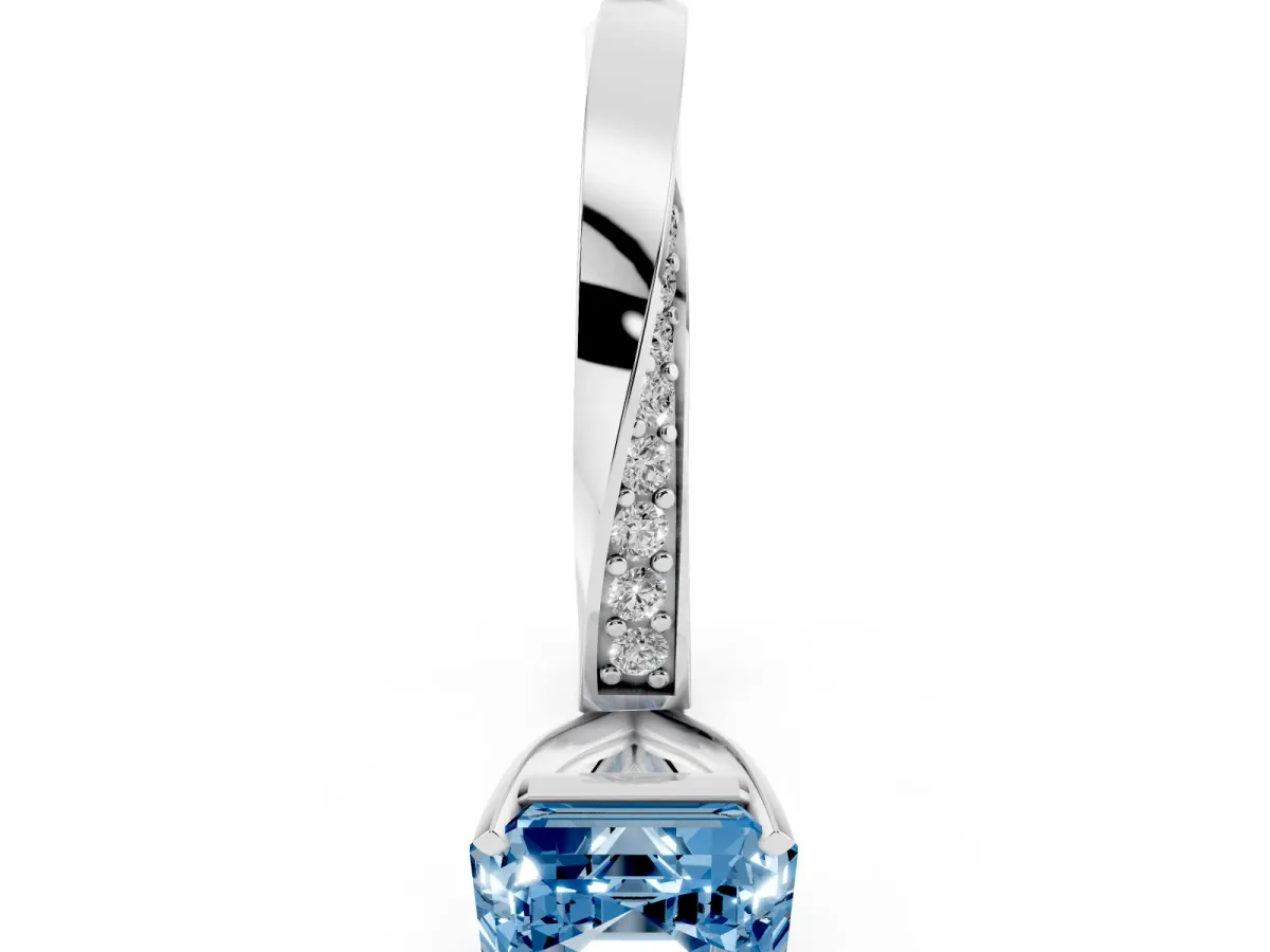 Fancy Blue Asscher Cut Diamond Engagement Ring with Side Stone Accents and Four-Prong Setting Silver